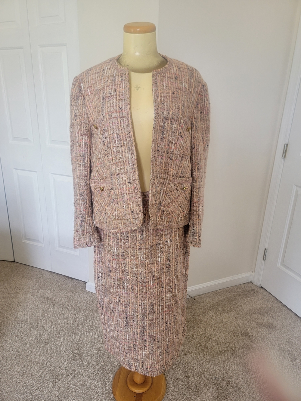Paula Klein Paris Tweed Skirt Suit Set Made in France Vintage Chic Jacket & Penc